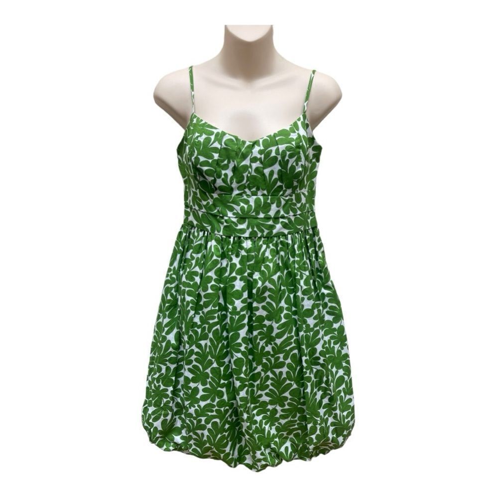 NWT London Times Green White Botanical Print Balloon Hem Dress Size 6 P Preppy